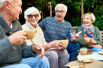 Cheerful group of senior friends enjoying each others company while having tea party at lovely...