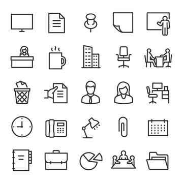 Office, icon set. Collection of icons on the theme of work and business. Workplace attributes. Lines with editable stroke. Isolated vector
