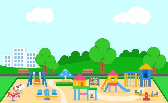 Childrens playground vector illustration. Landscape of the playground with swings, slide, sandbox, merry-go-round and more.