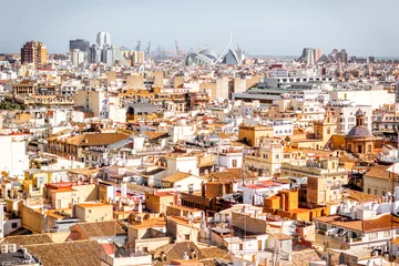 Fotobehang Europa Top cityscape view on the old town and city of arts and sciences complex on the horizon in Valencia during the sunny day in Spain  © rh2010