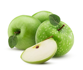 Green apples one slice with leaf