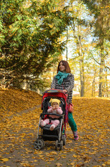 Young mother walking with her baby and carries it in a stroller