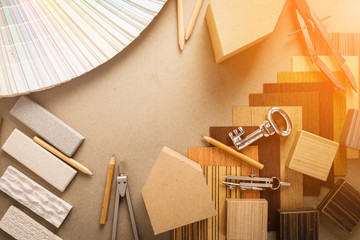 design concept with material sample with stone laminate veneer wooden pencil with free copy space for your creativity ideas text