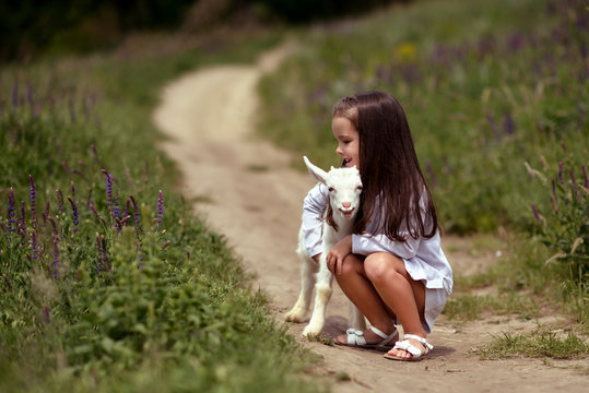 Little girl plays and huhs goatling in country, spring or summer nature outdoor. Cute kid with baby animal, forest, trod, glade background. Friendship of child and yeanling, image toned.