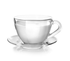 Cup of milk on white background