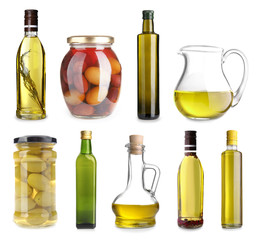 Glassware with canned olives and oil on white background