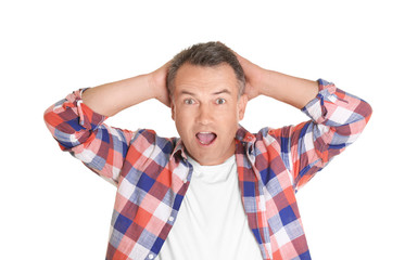 Emotional mature man in casual clothes on white background