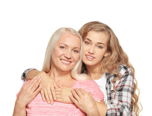 Young woman with her mother, isolated on white