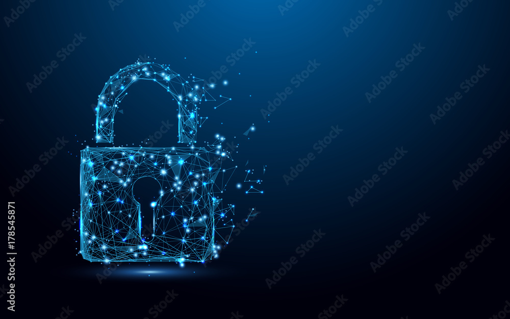 Leinwandbilder Cyber security concept. Lock symbol from lines and triangles, point connecting network on blue background. Illustration vector