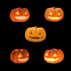 Jack O Lantern halloween pumpkins set template with carved scary funny glowing candle light lit orange face isolated on black background with clipping path for autumn holiday decoration element