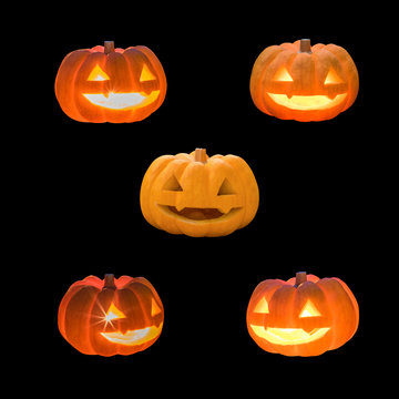 Jack O Lantern halloween pumpkins set template with carved scary funny glowing candle light lit orange face isolated on black background with clipping path for autumn holiday decoration element