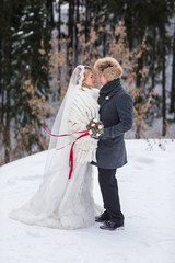 Fototapeta na wymiar Lovers bride and groom on their winter wedding