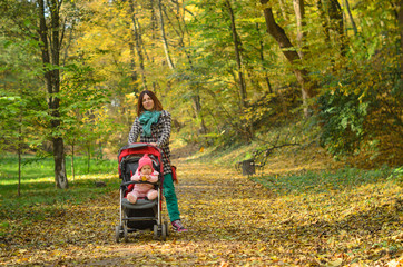 Young mother walking with her baby and carries it in a stroller