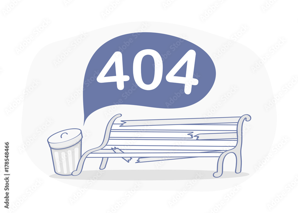 Poster page not found, 404 error page concept. empty broken bench, trash can and inscription 404. flat outl