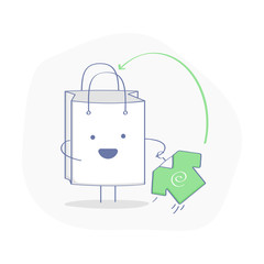 Happy cartoon paper Shopping Bag with Purchases. Make order, Putting Purchases to cart ( Basket) Commercial icon concept. Flat outline vector illustration on white background.