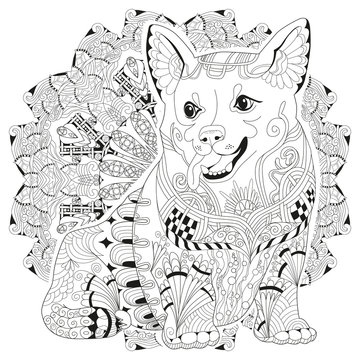 Mandala with dog for coloring. Vector decorative zentangle object