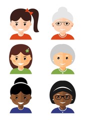 Six people avatars icons. Set avatars portraits girls and grandmothers. Vector illustration in flat style isolated on white background.
