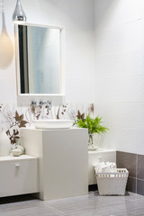 Fototapeta premium Modern spacious bathroom with bright tiles with toilet and sink. Side view