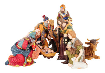 Traditional Christmas nativity scene with Mary and Joseph and baby Jesus isolated on a white...