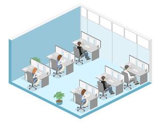 Flat 3d isometric office floor interior departments concept vector.