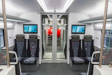 MOSCOW, RUSSIA - OCTOBER 27, 2017: The very first two-story high-speed train from the city to the airport. Interior
