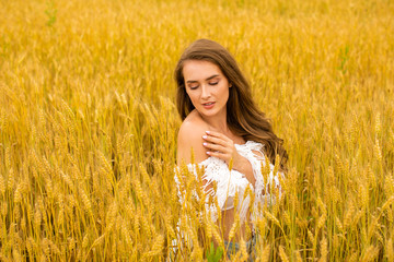 Portrait of a young girl on a background of golden wheat field