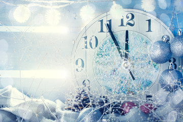 Christmas winter background, Christmas decorations and hours. Happy New Year. Merry Christmas.