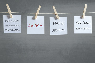 Hate, xenophobia, racism, sexism and other words on notes hanging on a clothesline. Social issues...