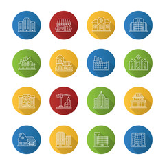 Fototapeta premium City buildings flat linear long shadow icons set