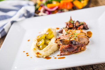 Pheasant breast and thigh roasted with mashed potatoes and grill vegetable. Delicious portion...
