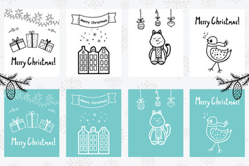 Premade handdrawn set of Christmas and New Year cards with winter holiday symbols and  characters