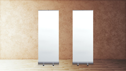 Roll up banners stand. Blank template mockup. Exhibition stand roll-up banner, isolated screen for you design.
