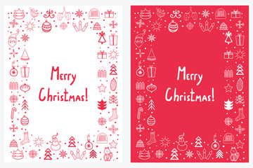 Fototapeta na wymiar Premade handdrawn set of Christmas and New Year cards with winter holiday symbols and characters