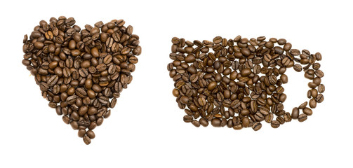 Coffee beans in heart and cup shapes