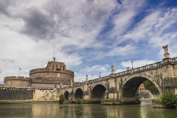 Castello di Sant Angelo and bridge over the Tiber river in Rome, Italy