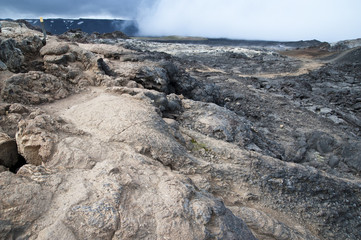 Hverarönd, Iceland. Hot vapors in a typical Icelandic landscape, a wild nature of rocks and...