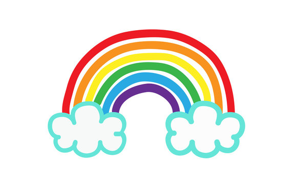 Colorful rainbow with clouds, vector illustration doodle style, isolated on white background.