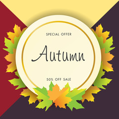 Autumn sale background with vintage colorful leave, vector illustration template, banners, Wallpaper, invitation, posters, brochure, voucher discount.