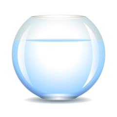 Realistic glass fishbowl, aquarium with water on transparent background. Vector illustration