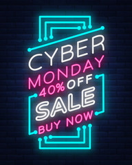Cyber Monday, discount sale concept illustration in neon style, online shopping and marketing concept, vector illustration. Neon luminous signboard, bright banner, luminous advertisement