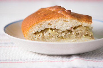 Fresh hot Russian pies with cabbage and meat. sliced pie on a plate - a traditional Russian dish