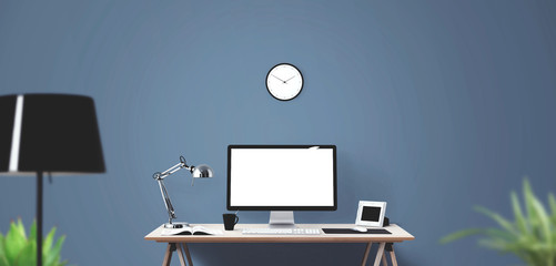 Computer display and office tools on desk. Desktop computer screen isolated. Modern creative workspace background.