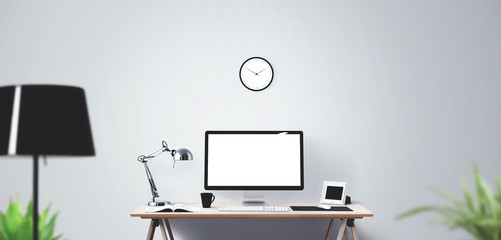 Computer display and office tools on desk. Desktop computer screen isolated. Modern creative workspace background.