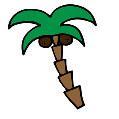 Palm tree vector illustration with two coconuts. Palm tree cartoon doodle drawing.