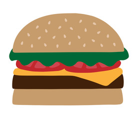 Burger with cheese, tomatoes, meat and lettuce in sesame bun. Cheeseburger or hamburger vector illustration cartoon drawing.