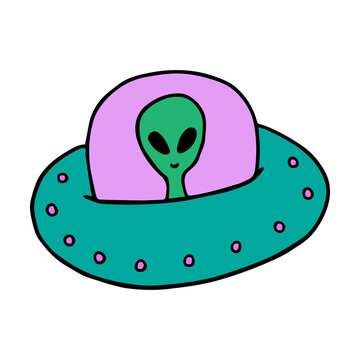 Cute colorful ufo, flying saucer vector illustration doodle cartoon drawing with alien inside. Sticker patch or badge, cool icon.
