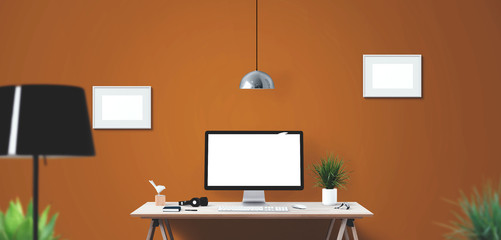 Computer display and office tools on desk. Desktop computer screen isolated. Modern creative workspace background.