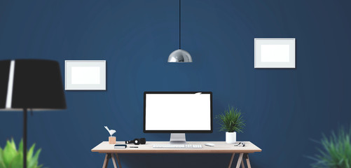 Computer display and office tools on desk. Desktop computer screen isolated. Modern creative workspace background.
