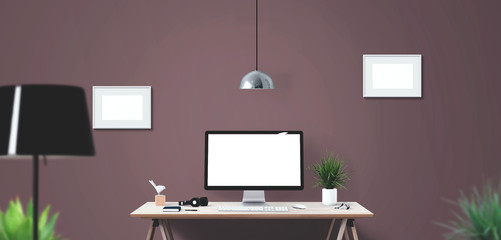 Computer display and office tools on desk. Desktop computer screen isolated. Modern creative workspace background.