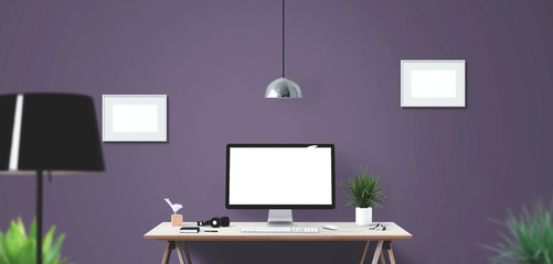 Computer display and office tools on desk. Mockup Scene Creator